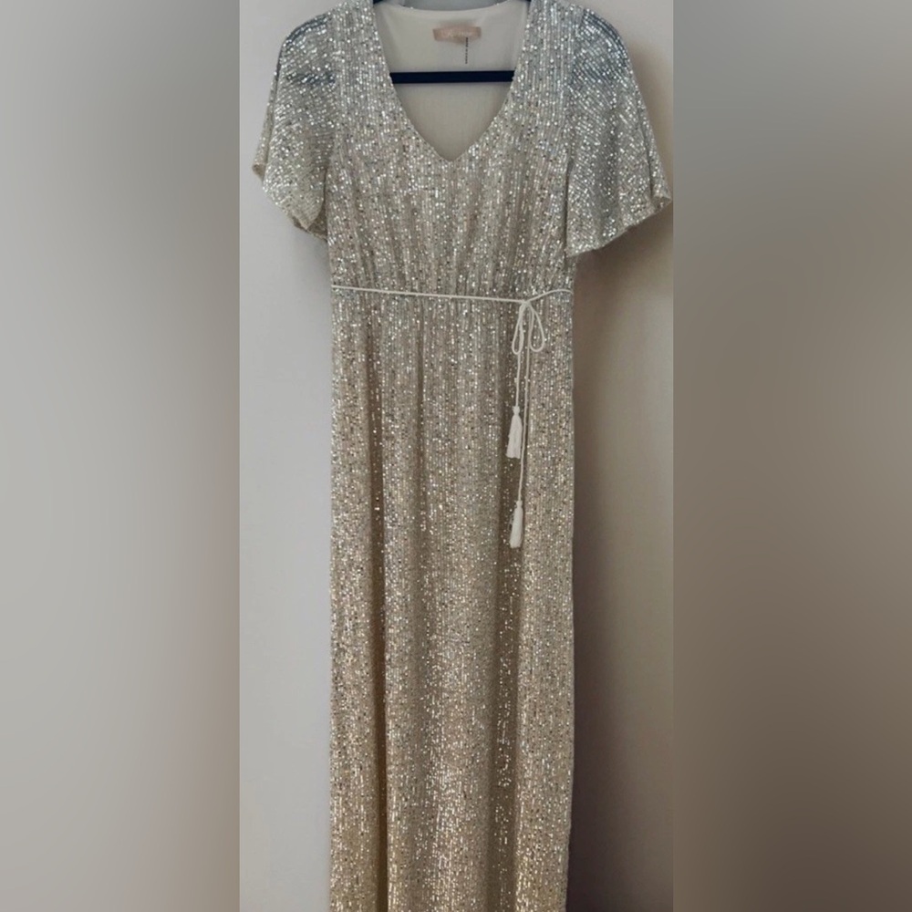 Women’s Ricarica Short Sleeve V Neck Sequin Maxi Dress, Silver, Size Small